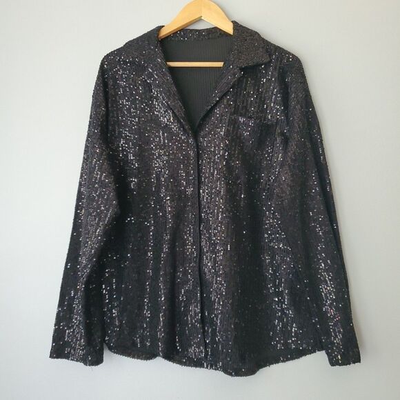 Black Sequin Long Sleeve Button UpV Neck Dress Blouse Womens Large - Picture 8 of 8